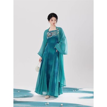 織造司[海鮫珠]原創漢服新中式國風暈染印花吊帶連衣裙閃光紗褙子