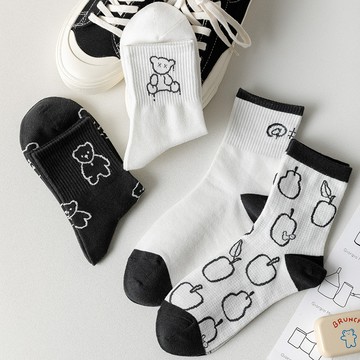 黑白風小熊襪子 女襪 中幫襪 高橡筋不易掉 棉襪 ins日系潮襪