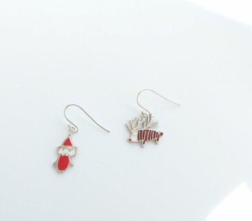 耶誕快樂 聖誕老公公 X麋鹿 填色純銀耳勾 一對