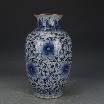 仿古瓷器開片纏枝牡丹冬瓜瓶花瓶