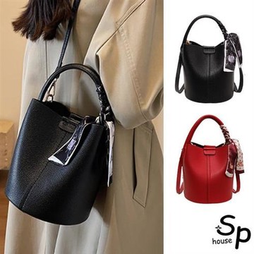 Sp house 氣質絲巾荔枝紋單背斜背手提女用子母水桶包(2色可選)