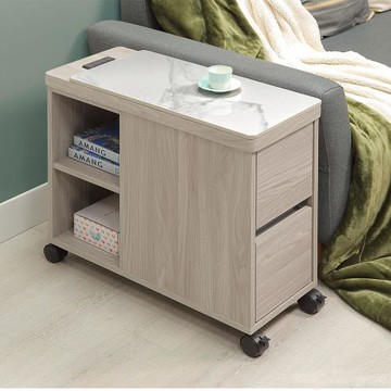 【Homelike】喜家居雪杉色岩板附插座活動沙發邊櫃(2504)