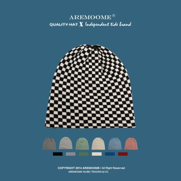 棋盤格堆堆帽子女韓版百搭針織帽秋冬季大頭圍冷帽網紅包頭毛線帽