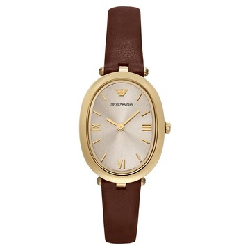 EMPORIO ARMANI 亞曼尼 SINFONIA系列 AR11708 橢圓雙針復古皮錶帶時尚女錶 金 26mm｜樂天領券現折★全館特惠中★指定刷卡回饋10%