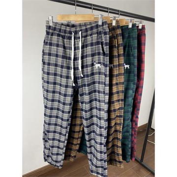 外貿工廠出品！簡約刺繡男士時尚春秋休閑格紋亞麻輕薄寬松長褲潮