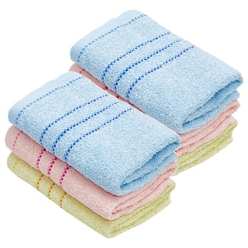 GRACE 格蕾絲 純棉洗臉毛巾3件組 雙色粗虛線款 柔軟吸水  2組  藍色 + 粉色 + 黃色