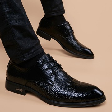 夏季鱷魚紋尖頭皮鞋男韓版正裝潮流英倫內增高休閑鞋真皮黑色男鞋