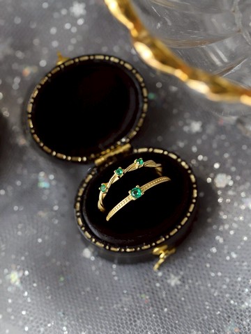 s925純銀復古開口戒指女個性宮廷設計感時尚中國風綠色鋯石食指戒1入