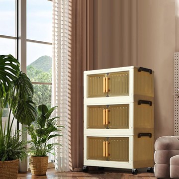 43面寬豎紋摺疊磁吸雙開門三層收納櫃-附滑輪 兩款可選 024484 43面寬【三層-透黑面板】