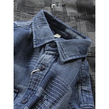 美式復古boro百家布牛仔長袖襯衫男秋季寬松提花小眾休閑襯衣外套