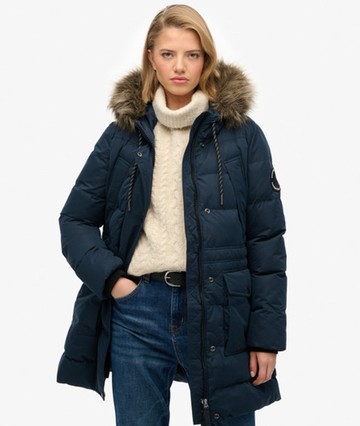 Superdry Women's Everest Microfibre Mid Faux Fur Puffer Jacket Navy Size: 6
