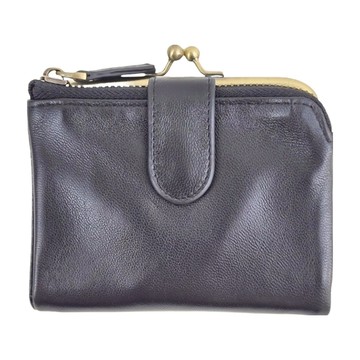 真皮羊皮 14卡位 女士翻頁式 皮夾 錢包 口金包 短夾 女夾 - 12.7cm x 10cm  黑色  1個