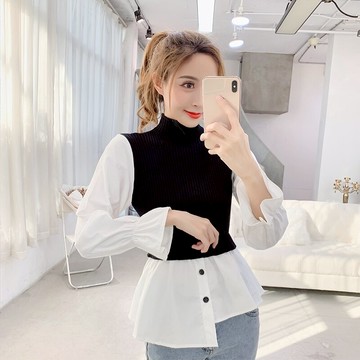 針織拼接假兩件上衣女潮秋冬新款不規則百搭收腰顯瘦長袖女裝1入