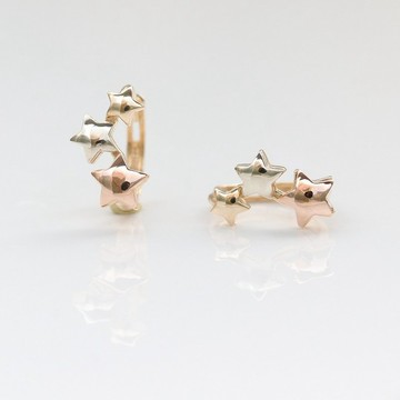 14K 立體三色金星星耳扣耳環 (內徑 9mm) 洗澡免摘 不褪色