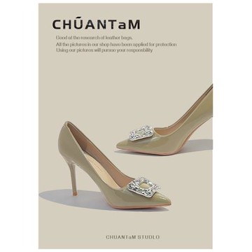 水鉆方扣尖頭高跟鞋女細跟2025春秋新款女鞋法式氣質淺口單鞋漆皮