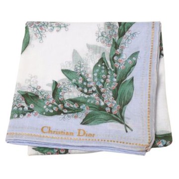 Christian DIOR  繽紛鈴蘭品牌字母LOGO圖騰帕領巾(白系/灰藍邊/48CM)