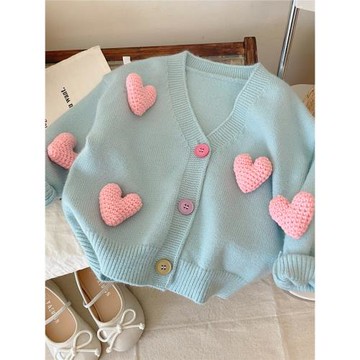 韓版女孩針織開衫春秋款2025新款洋氣毛衣女寶寶毛線時尚愛心外套