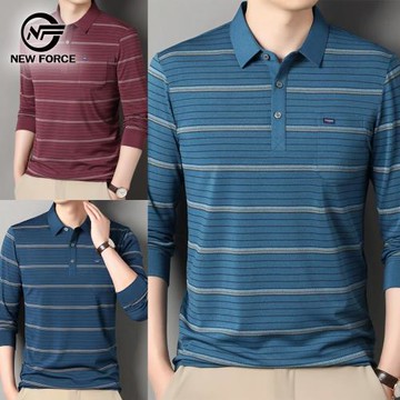 NEW FORCE 任選-質感條紋透氣男長袖POLO衫-多色可選