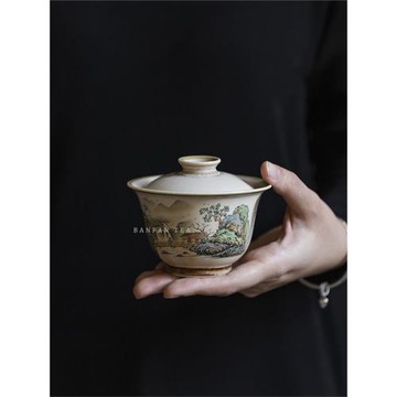 景德鎮敬茶杯孤品精品手繪柴燒重工高端男單個泡茶碗山水兩才蓋碗