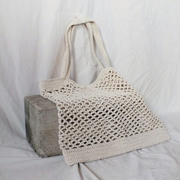 奶油網袋，市場袋，奶油鉤針手提袋，購物袋