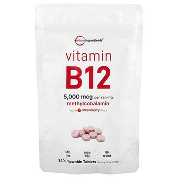 Micro Ingredients, 維生素 B12，草莓味，240 片咀嚼片（每片 2,500 微克）