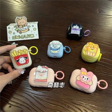 卡通可愛貼片適用于倍思WM02薯條狗狗無線耳機套wm02+爆米花藍牙保護套WM01情侶款m2彩色防摔E3硅膠軟殼萌系