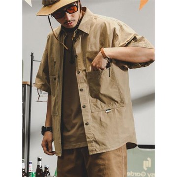 美式工裝短袖襯衫男夏季薄款寬松山系戶外通勤男裝阿美咔嘰襯衣男