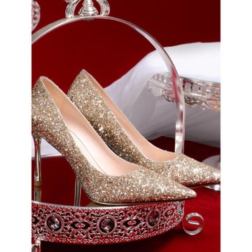 法式亮晶晶秀禾主婚紗兩穿新娘晚禮服2025款不累腳高跟婚鞋女細跟