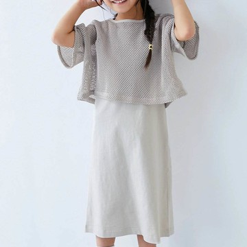 日本 devirock - 時尚女孩網格上衣+素色背心裙二件組-淺灰