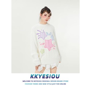 KKyesiou星星貼布刺繡慵懶風情侶毛衣男女美式復古oversize針織衫