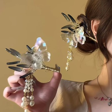 【台灣公司 可打統編】免運 新中式炫彩蝴蝶珍珠流蘇發夾抓夾古風漢服氣質高級感配飾發飾頭飾 可開發票 全館五折 工廠現貨直銷 新品特價 z9211