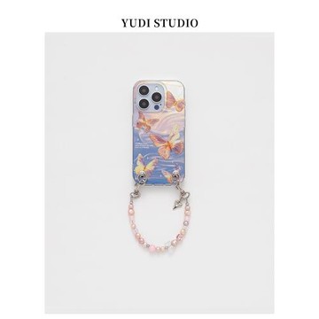 流光紫色蝴蝶羽紗高級質感天然珍珠手提鏈條適用蘋果保護殼iPhone15promax斜挎可背14pro手機殼13保護套