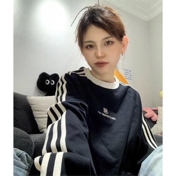 秋冬季衛衣女2023新款學院風外套加絨寬松長袖三道杠圓領上衣女潮