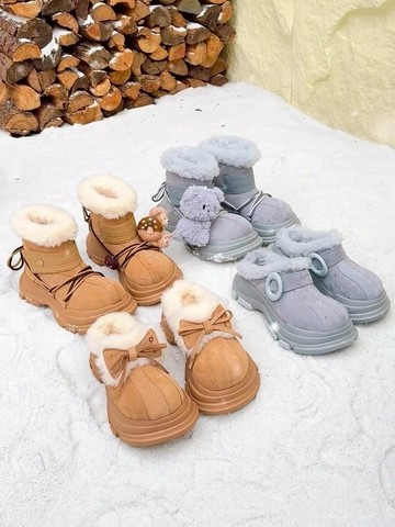 可愛蝴蝶結外穿包頭半拖棉鞋女加絨時尚棉靴厚底短靴東北雪地靴女