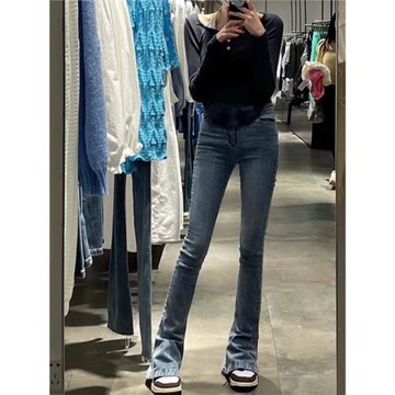 175高個子加長復古藍微喇叭牛仔褲女秋季新款高腰顯瘦馬蹄拖地褲