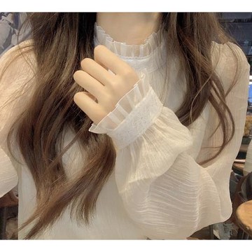 白色蕾絲立領打底衫設計感小眾網紗雪紡小衫上衣長袖內搭襯衫女秋