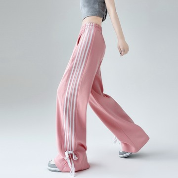 VIVILIAN春夏新品美式寬鬆條紋蝴蝶結直筒運動褲