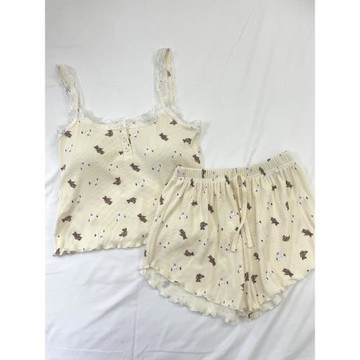 莫代爾帶胸墊睡衣女夏季吊帶短褲甜美蕾絲花邊2024新款純棉家居服