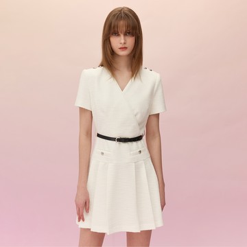 SO NICE 優雅白小香風假圍裹式彈力花呢百褶洋裝