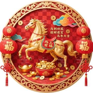 🔥臺灣出貨🔥新款馬年2026圓形年福年畫貼紙客廳室內玄關牆上裝飾背景牆防水貼