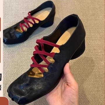 羊皮版~復古小眾交叉綁帶單鞋褶皺真皮方頭豬鼻子淺口芭蕾舞鞋女