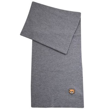 MOSCHINO 電繡熊頭LOGO羊毛長圍巾(灰)