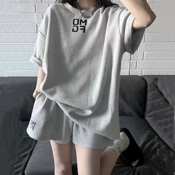美式復古時尚運動服套裝 女夏季新款寬鬆短袖短褲休閒華夫格兩件套 韓版休閒夏季短袖兩件套 顯瘦動運動套裝