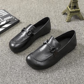 歐洲站女豆豆鞋單鞋真皮女鞋圓頭女樂福鞋一腳蹬小皮鞋平底平跟秋