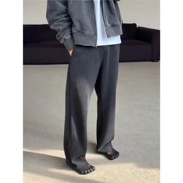 黑灰色美式運動衛褲男秋冬垂感慵懶松弛感褲子彎刀直筒闊腿休閑褲