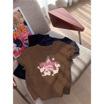 深咖色正肩短袖t恤女夏2025新款美式甜酷修身高腰小個子短款上衣