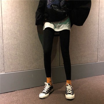 秋裝設計感小眾假兩件加厚緊身褲百搭休閑顯瘦打底褲女1入