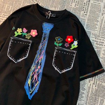 CMYJN 美式復古設計感手繪印花短袖T恤男女潮牌寬松情侶半袖上衣