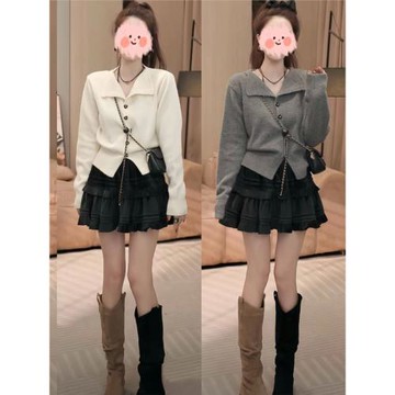 翻領單排扣針織開衫女2025春秋新款氣質短款軟糯毛衣顯瘦收腰上衣