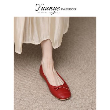 原野真皮小紅鞋蝴蝶結平底方頭溫柔淑女文藝單鞋子女春秋2025新款